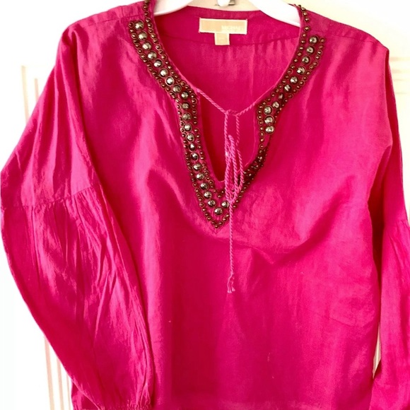 Michael Kors Fushia Cotton Popover with Copper Metal Work  Neckline S - Picture 5 of 5